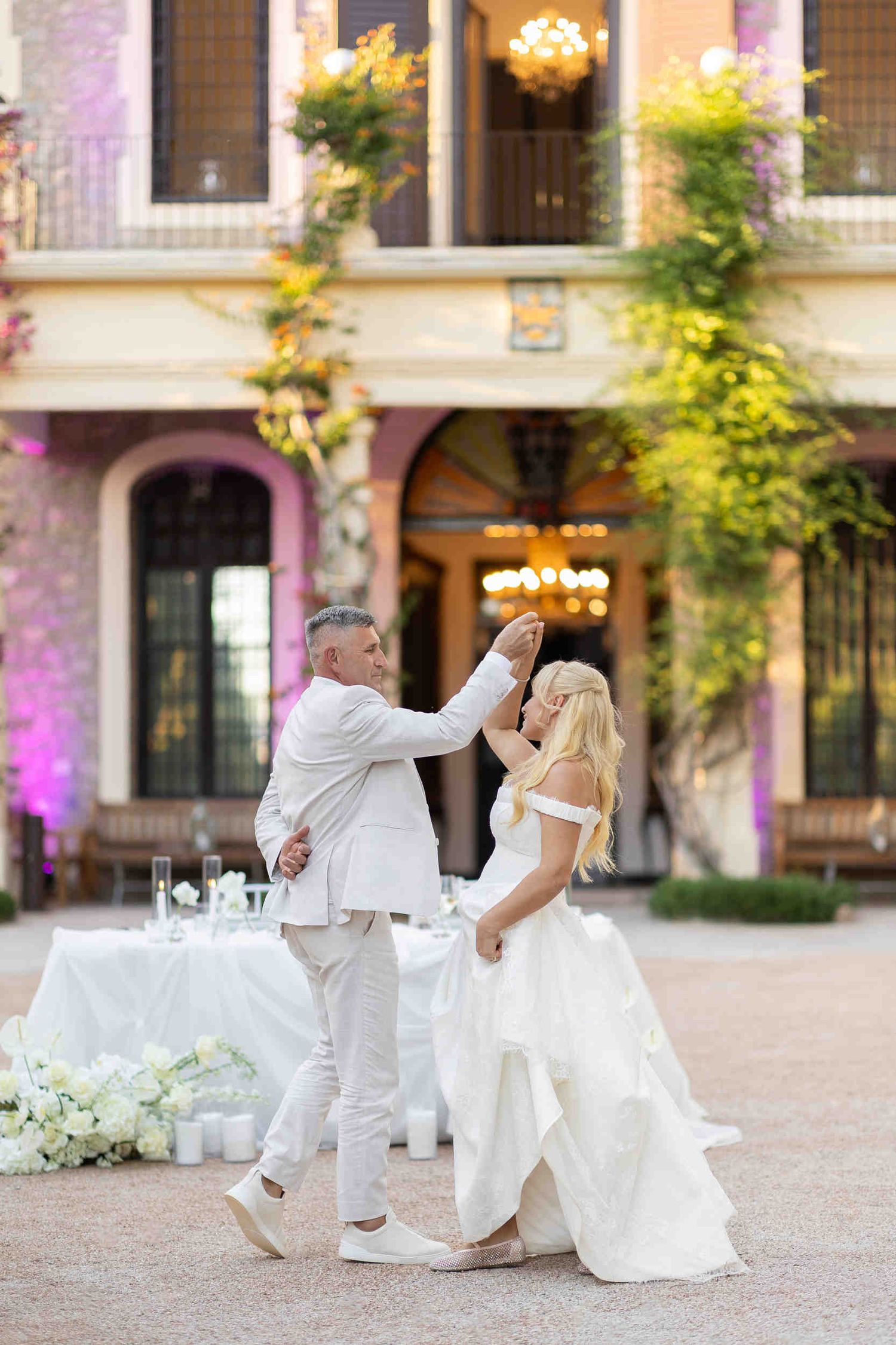 Romantic first dance of the bride and groom at a historic wedding finca venue in Altea.