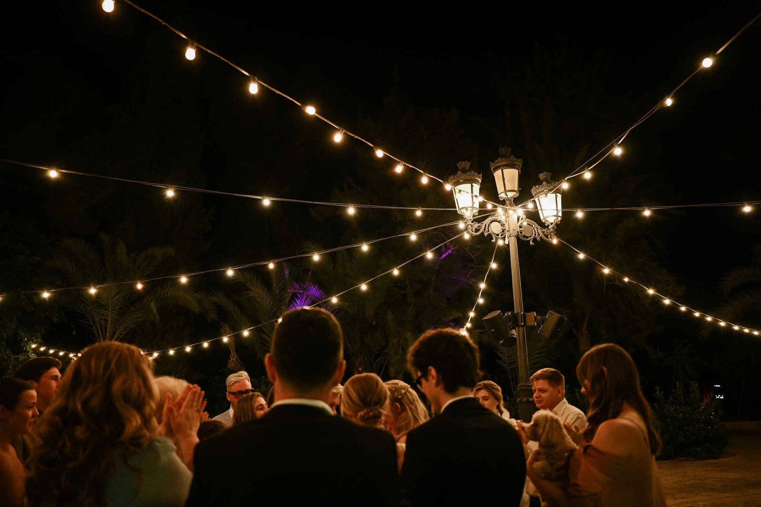 Wedding guests and the couple's dog gathered under vintage street lamps and beautiful string lights during an outdoor reception in Spain.