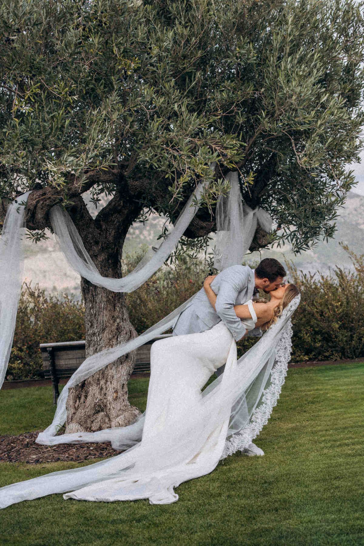 Groom dipping and kissing the bride under an olive tree draped in white fabric at their winery wedding ceremony in the Guadalest Valley.