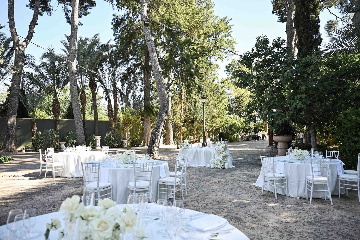 Beautiful outdoor wedding reception setup with round tables under tall pine trees at Finca El Senyoret in benidorm
