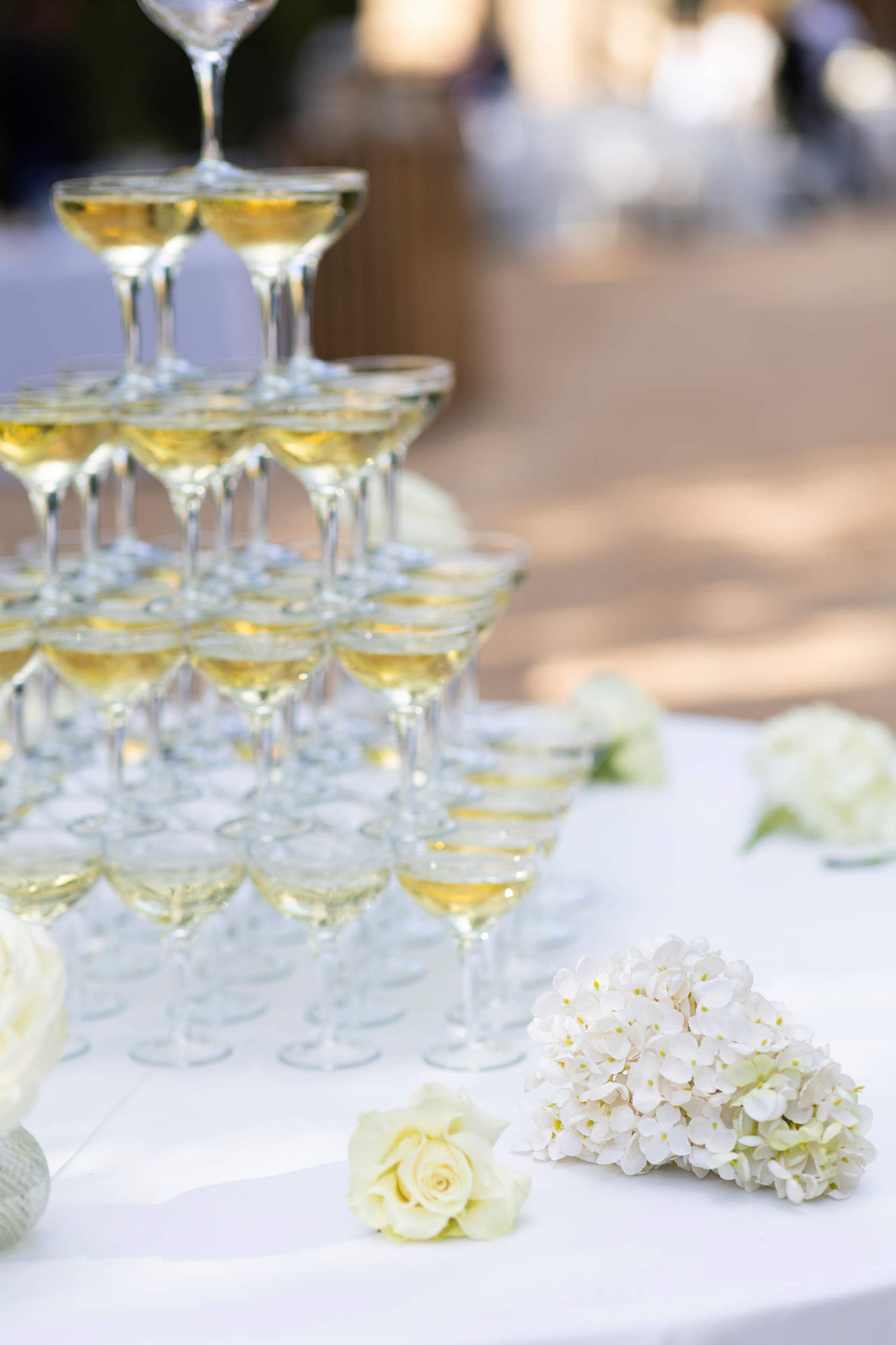 Elegant champagne tower filled with sparkling wine, decorated with white roses and hydrangeas at an outdoor wedding reception.