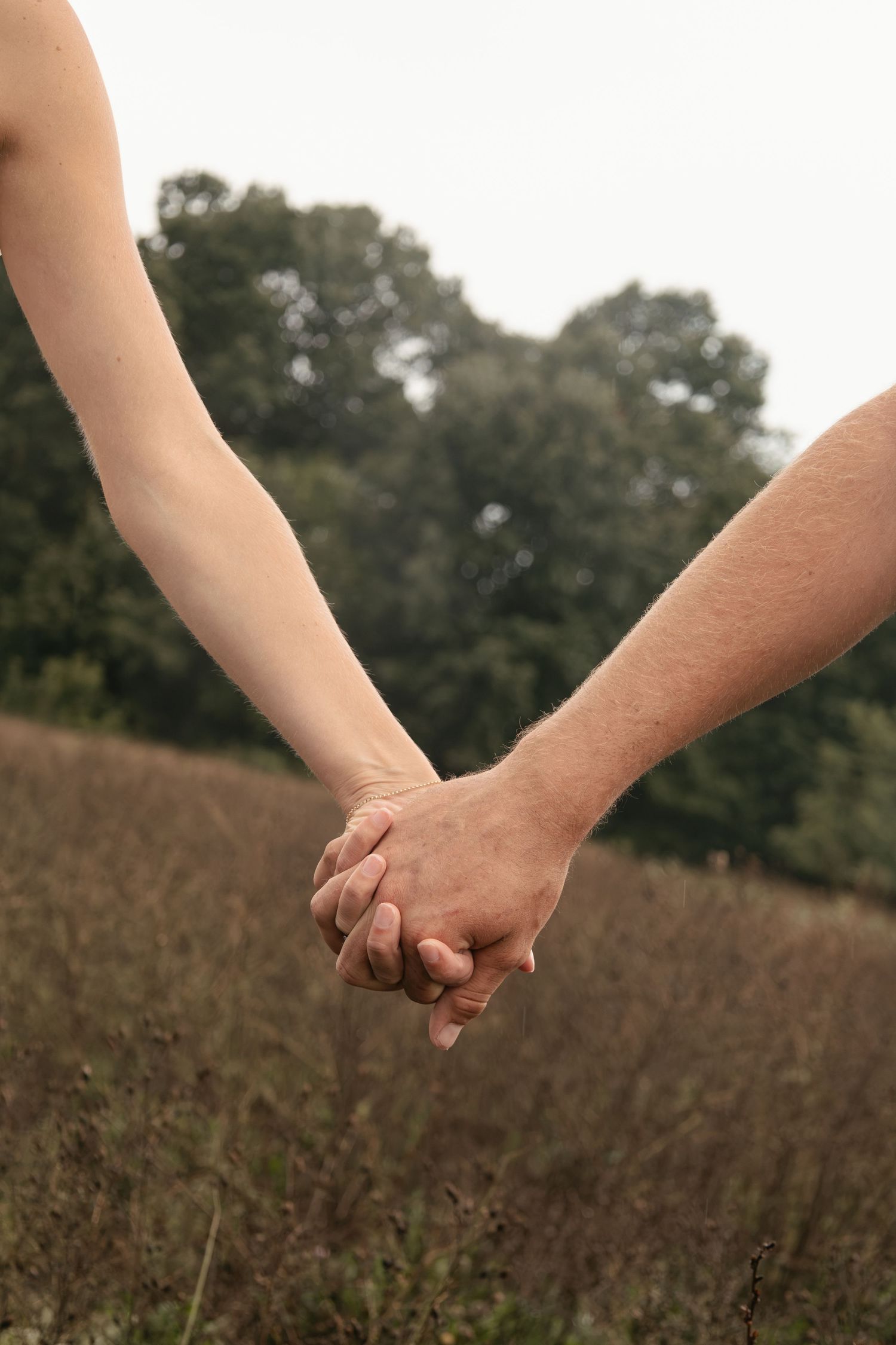 Couple holding hands in a field with green trees in the background, romantic outdoor nature scene.