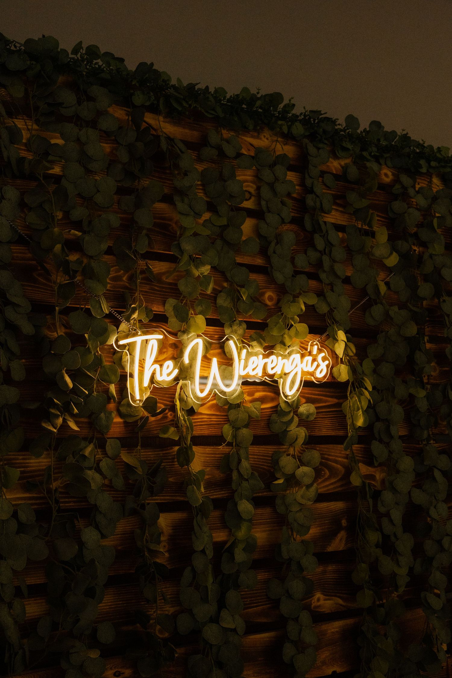 A glowing neon sign reading The Wierenga's is mounted on a woven wall decorated with hanging green foliage.