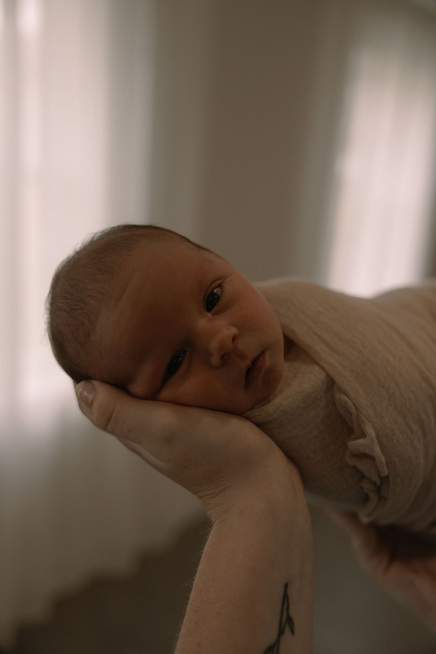 A newborn baby wrapped in a cream swaddle rests peacefully on an adult hand, gazing softly at the camera.