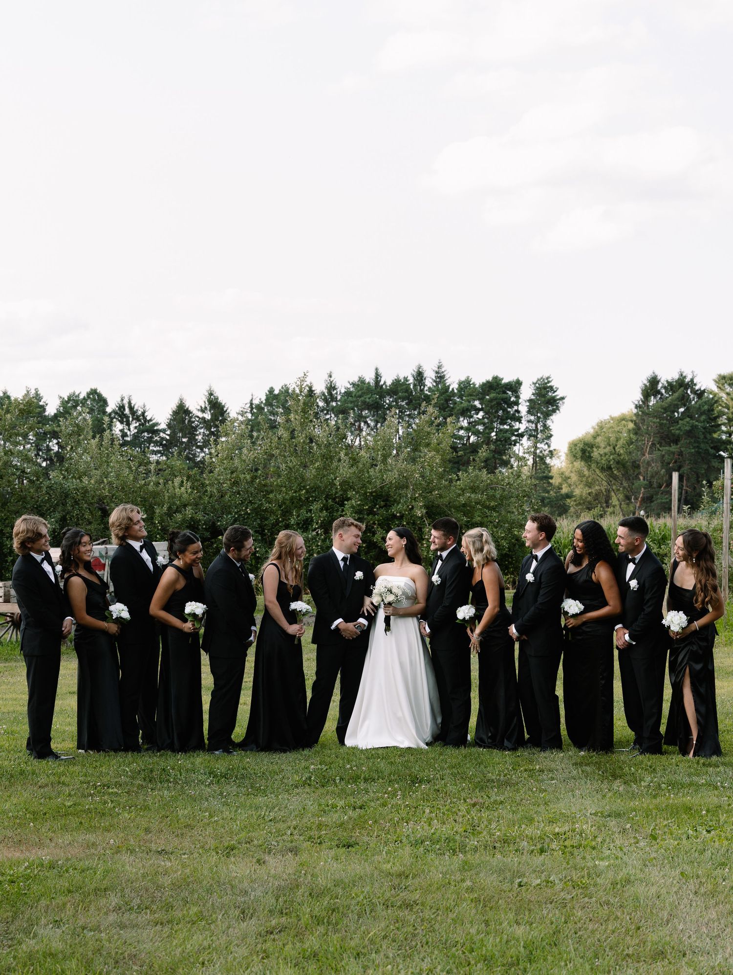 Wedding party in black attire flanking bride in white gown on green lawn with trees in background.
