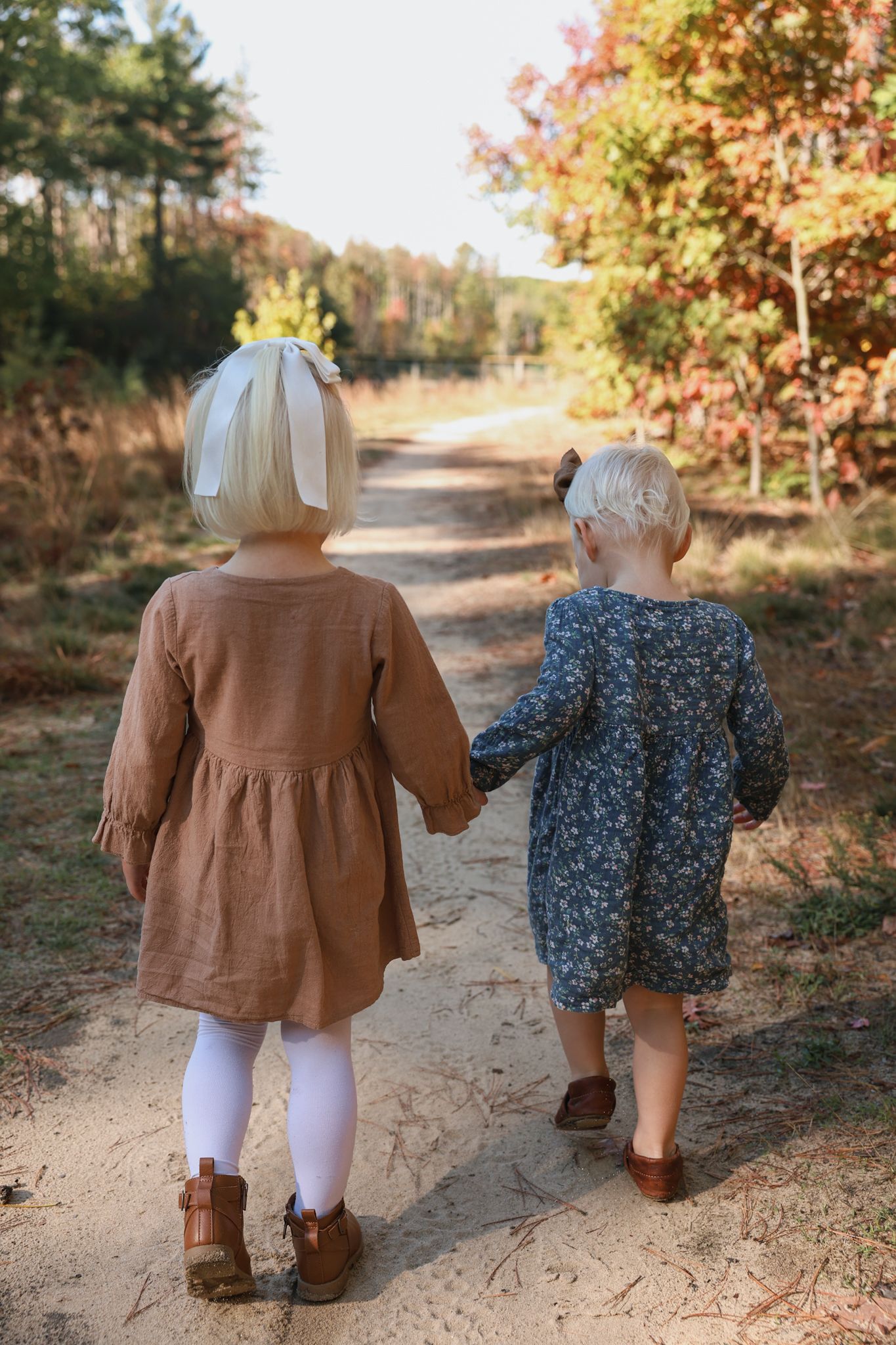 Two young girls in fall dresses holding hands while walking down a sunny autumn forest path.