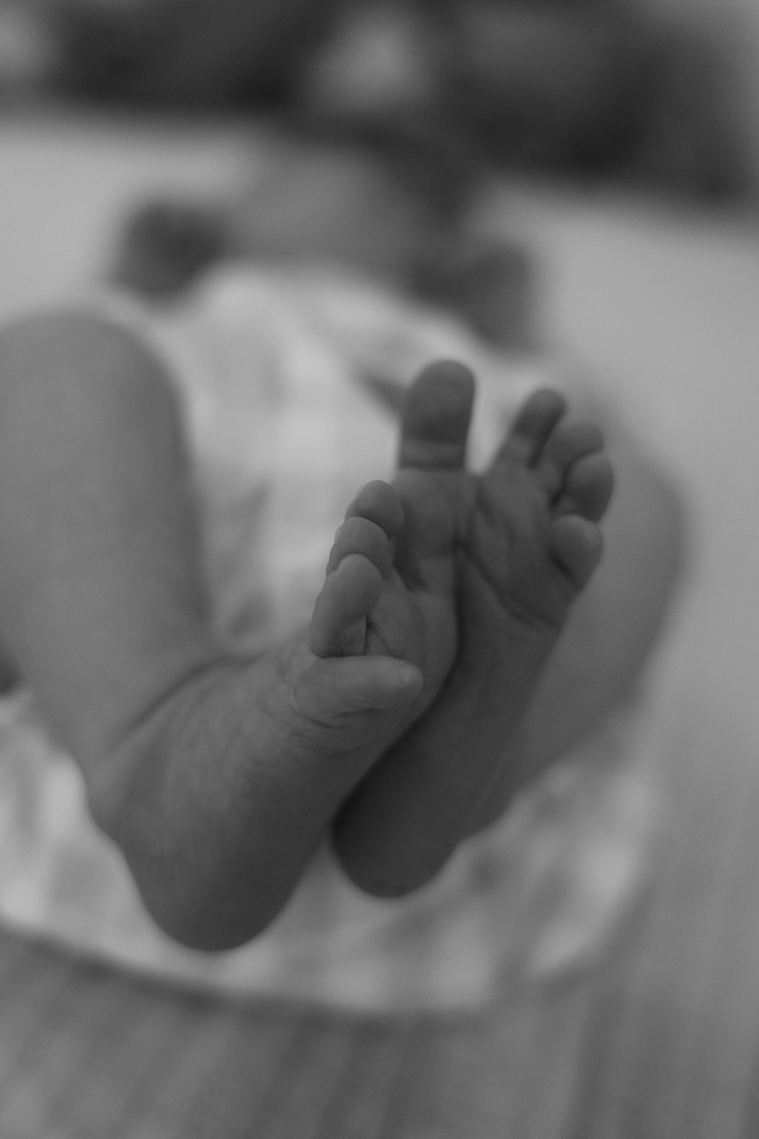 Black and white close-up photo of a newborn baby's tiny feet and toes, delicate and soft.