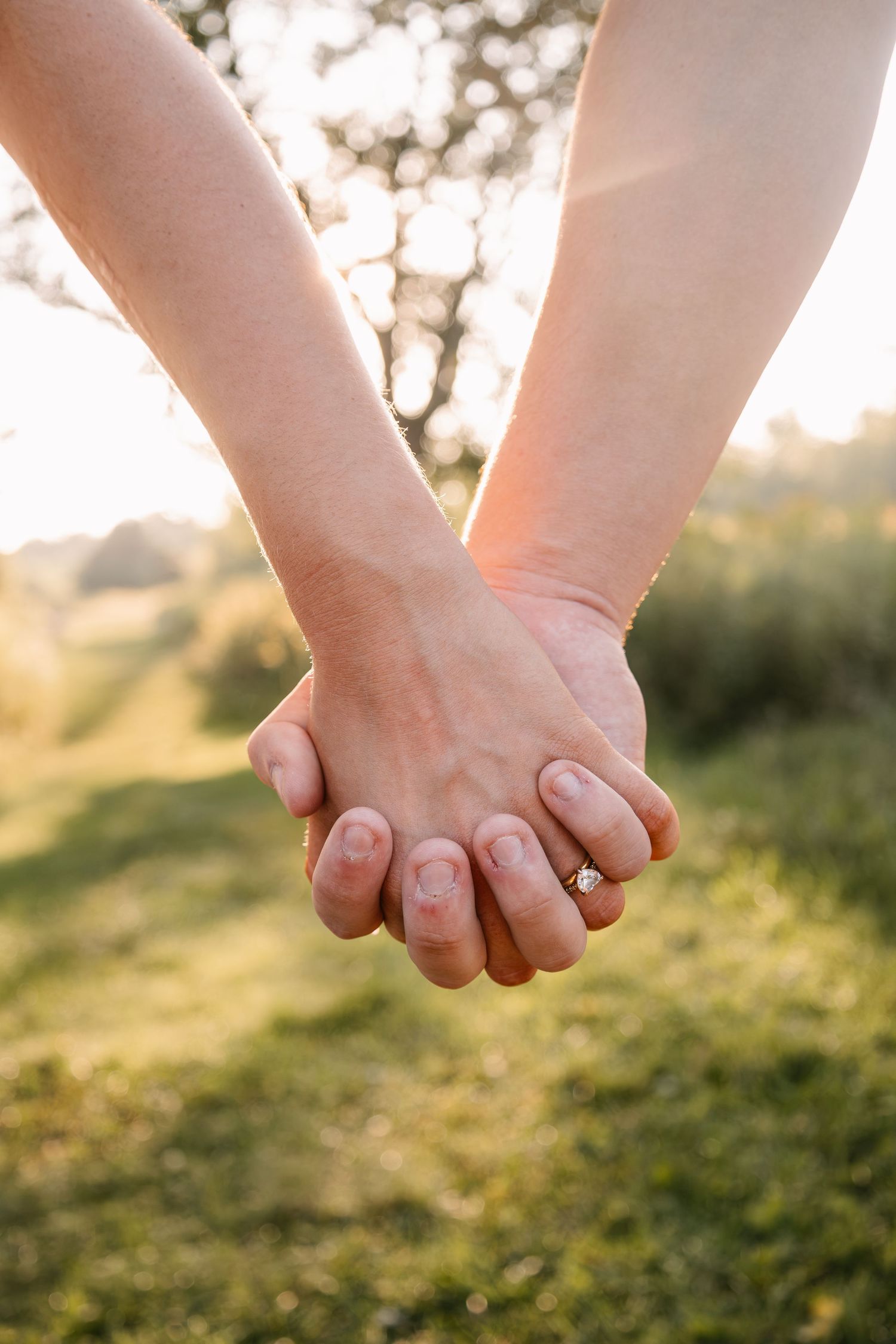 Two people holding hands outdoors in golden sunlight, one wearing an engagement ring, with green grass and trees in background.