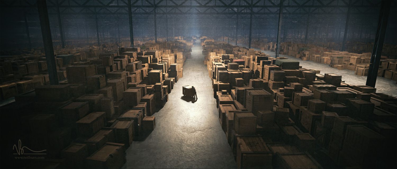 Dark cinematic warehouse filled with stacked wooden crates, illuminated by a single spotlight on a small figure below.