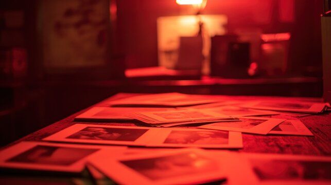 Vintage photographs scattered on a table under moody red darkroom lighting creating an atmospheric retro photography scene.
