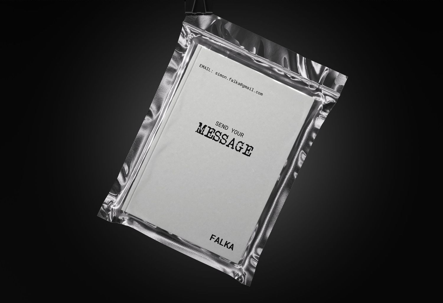 FALKA brand MESSAGE book displayed in a clear plastic bag on dark background.