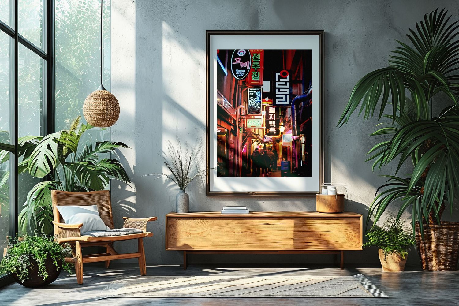 Modern living room featuring a framed neon cityscape print above a wooden sideboard, surrounded by lush tropical plants.