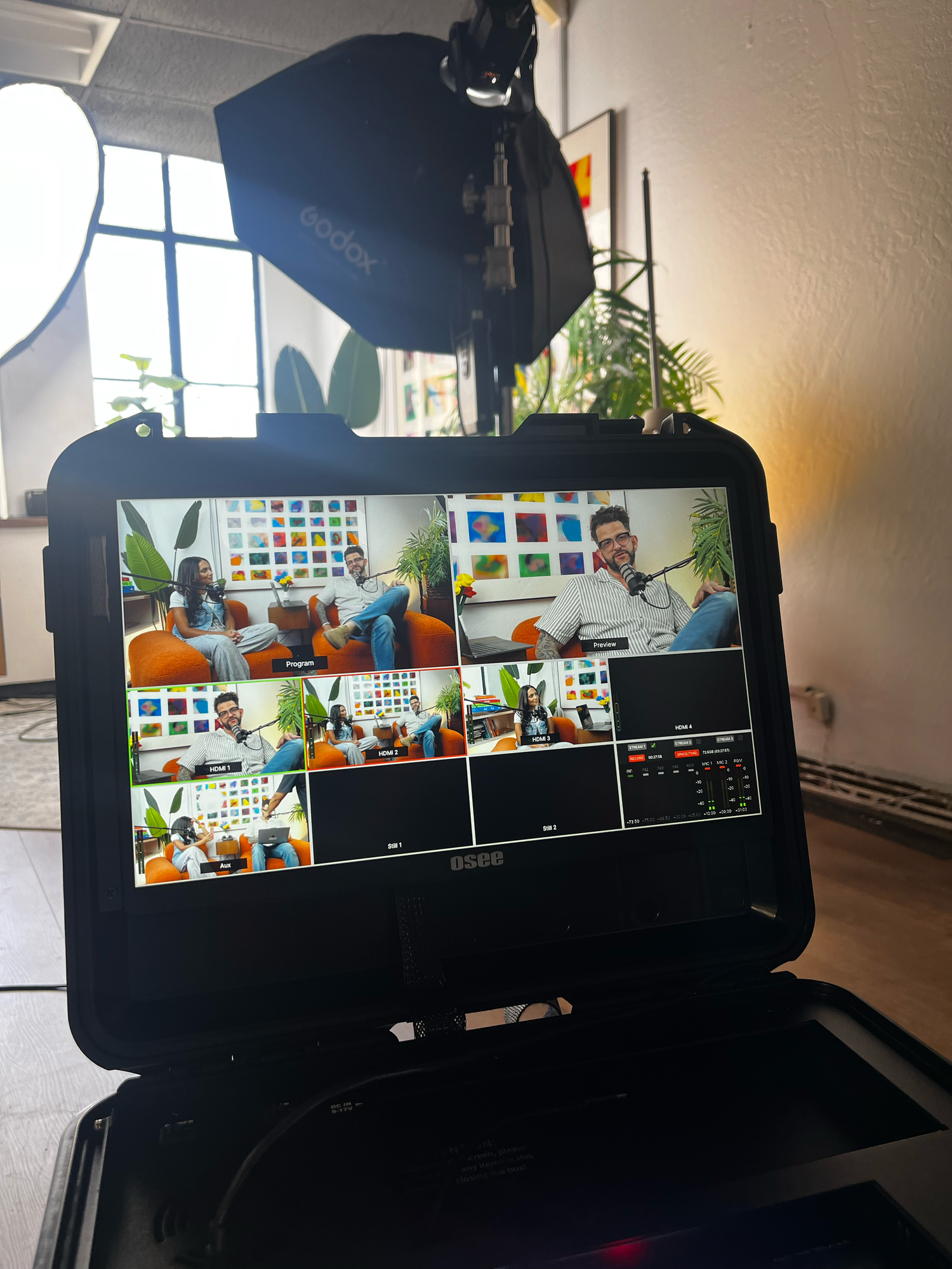 Multiview production monitor showing multiple camera feeds during a video production by Arketype Studio