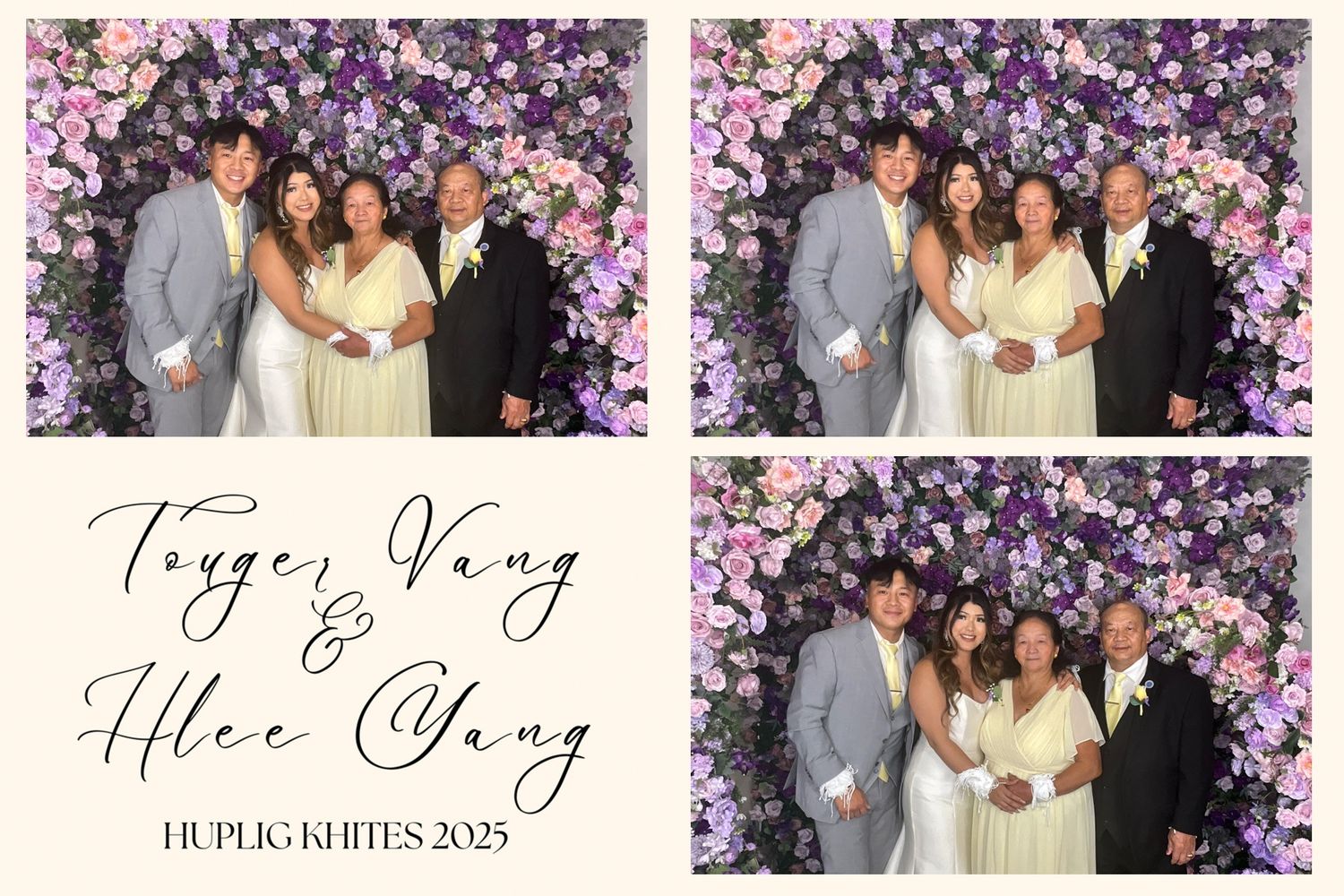 Photo booth strip from Toyer Vang and Hlee Yang Huplig Khites 2025, featuring couples posing in front of a purple floral backdrop.
