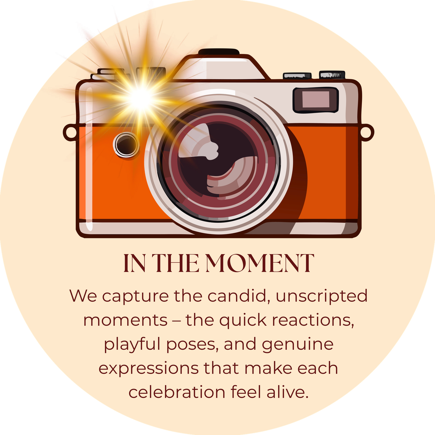 Vintage orange camera with flash on beige background with In The Moment photography quote.