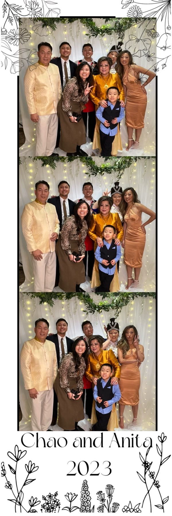 Large family group poses in colorful formal attire in wedding photo booth strip 2023.