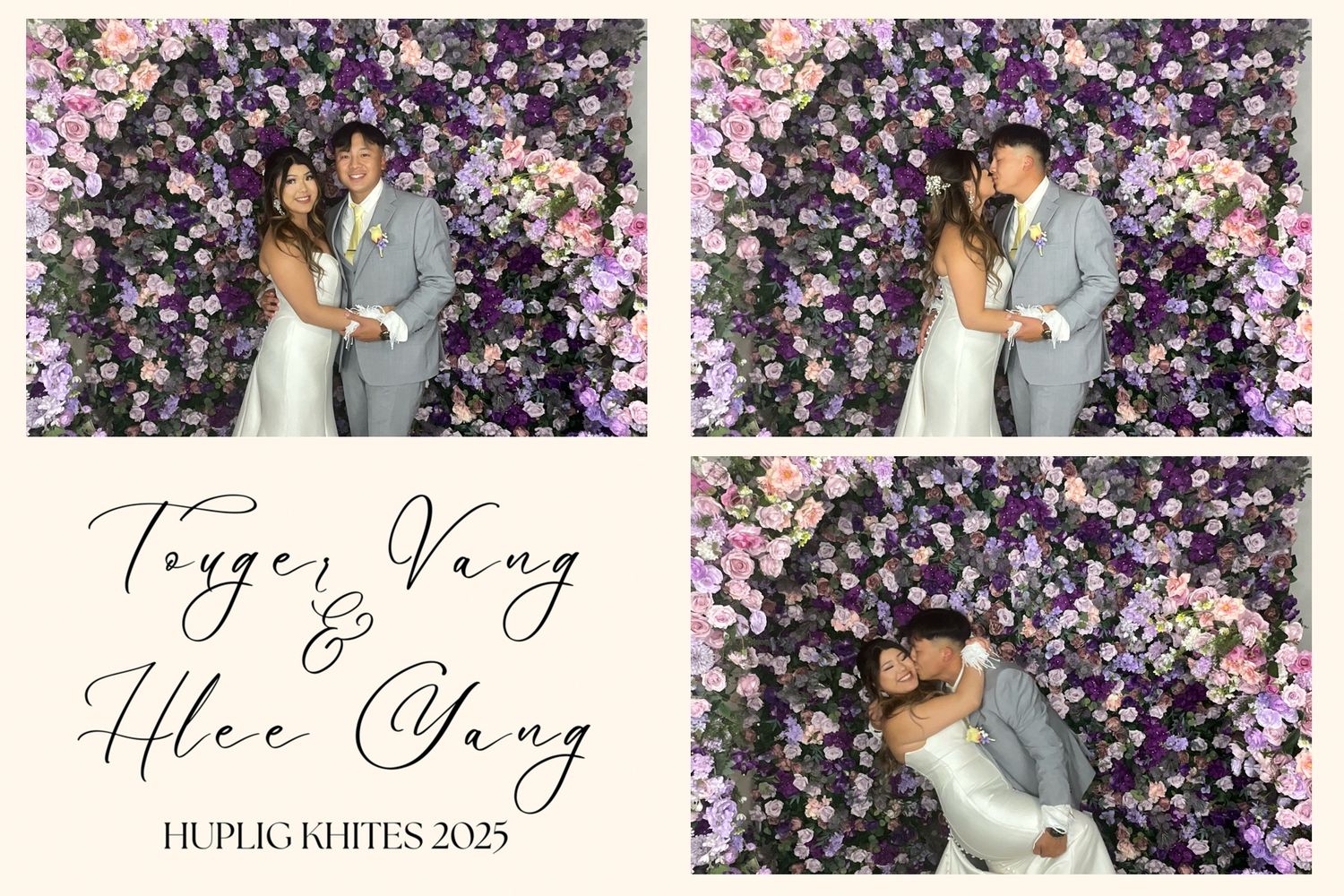 Wedding photo booth strip of couple Toyer Vang and Hlee Yang posing before a floral wall backdrop, Huplig Khites 2023.