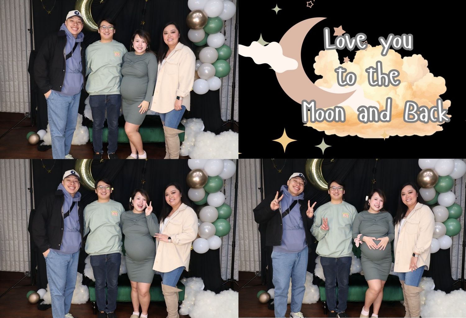 Group of friends posing at a baby shower with balloon arch backdrop and Love You to the Moon and Back sign.