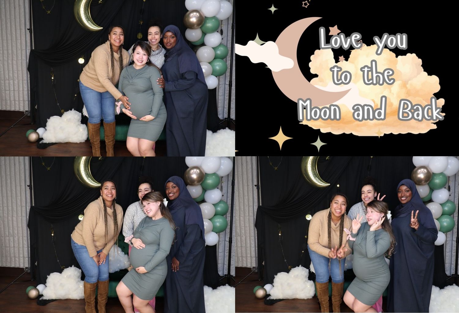 Four women pose together at a baby shower photo booth with moon and balloon decorations and a love quote backdrop.