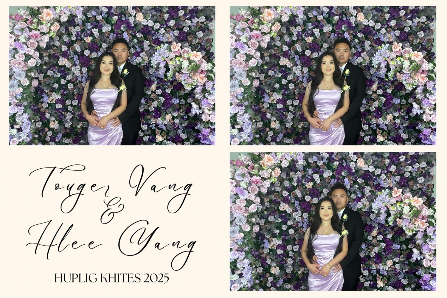 Couple posing in front of a floral wall backdrop at Toyger Vang and Hlee Vang Huplig Khites 2023 wedding photo booth.