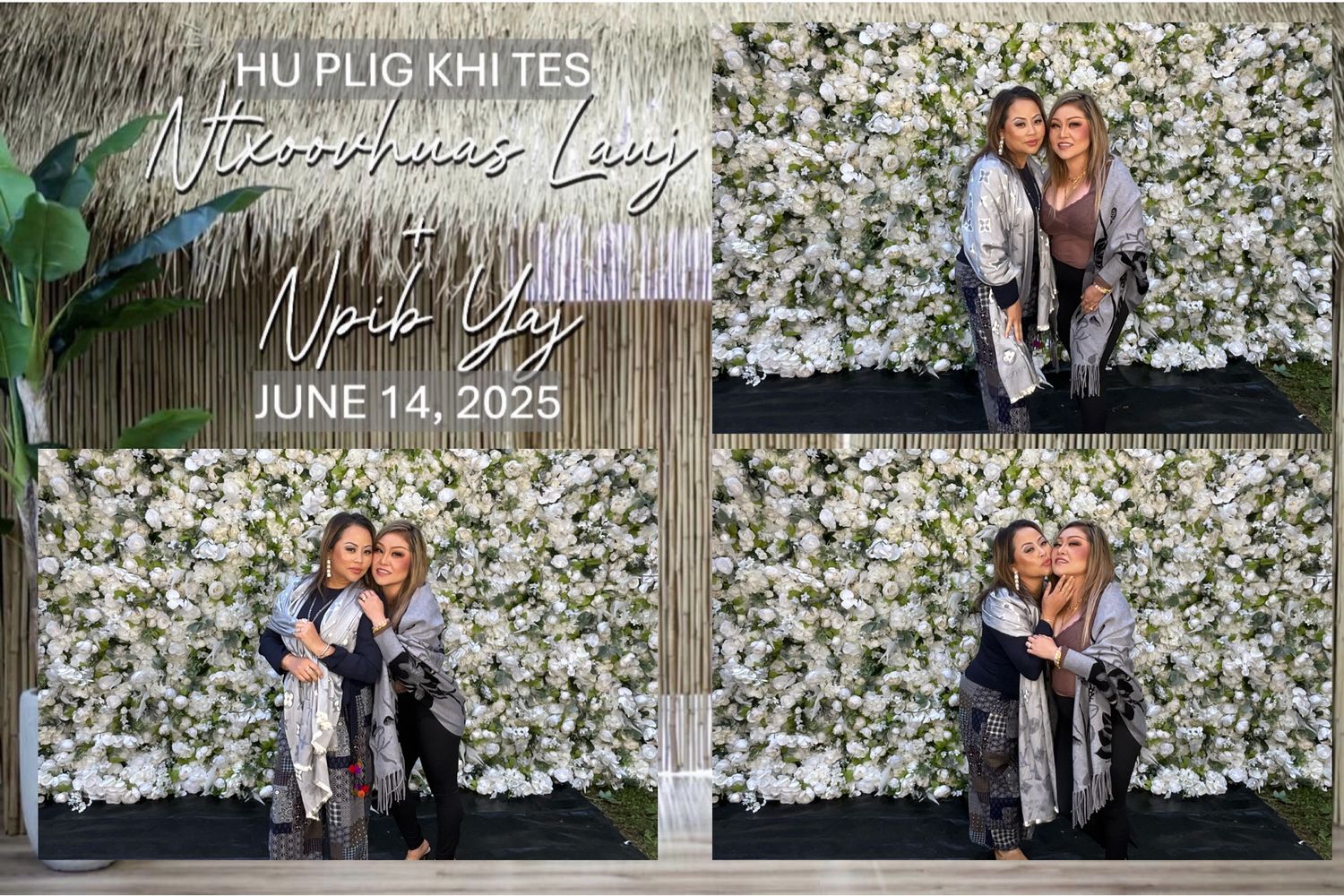 Two women pose together in front of a white floral wall at a Hmong wedding ceremony on June 14, 2025.