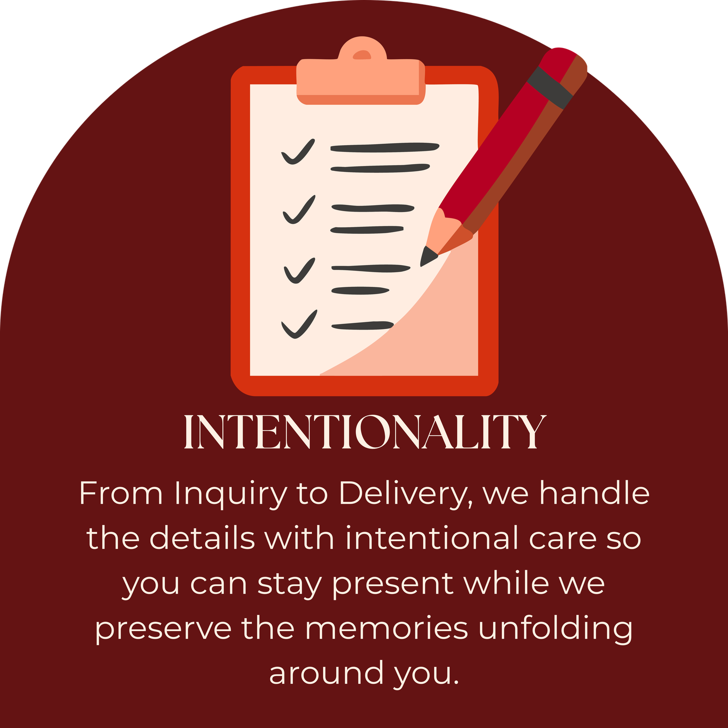 Clipboard with checklist icon on dark red background highlighting Intentionality in event photography.