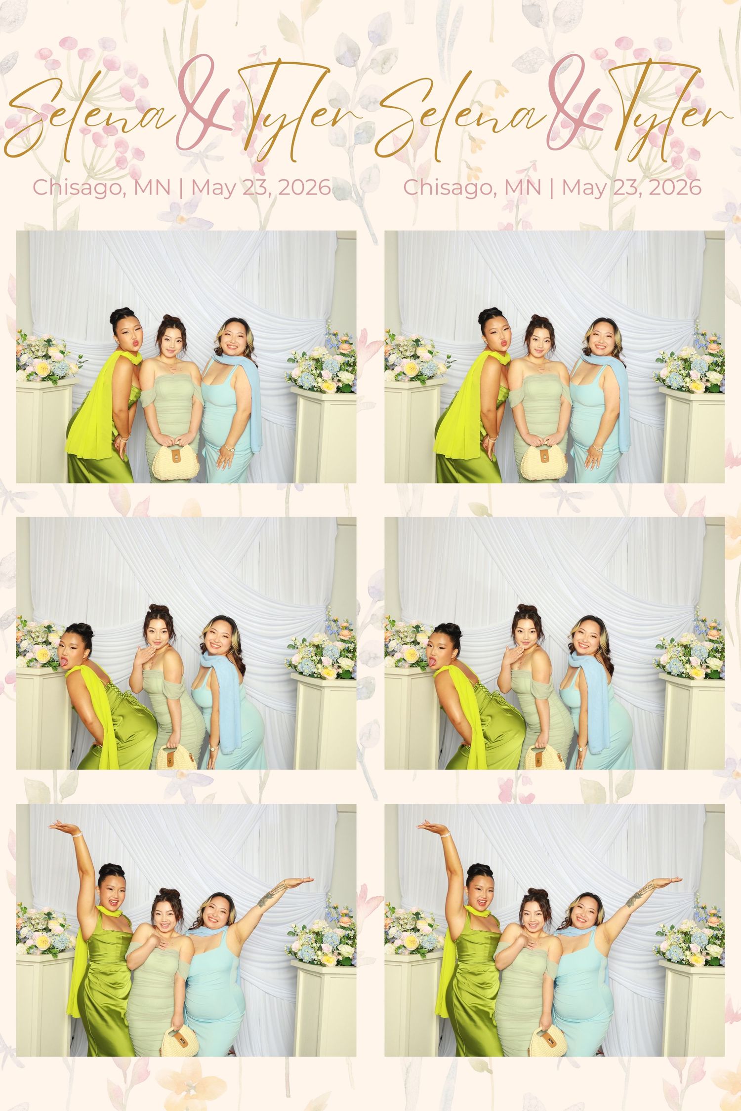 Wedding photo booth strip for Selena & Tyler, Chisago MN, May 23 2026, featuring three women in colorful formal dresses.