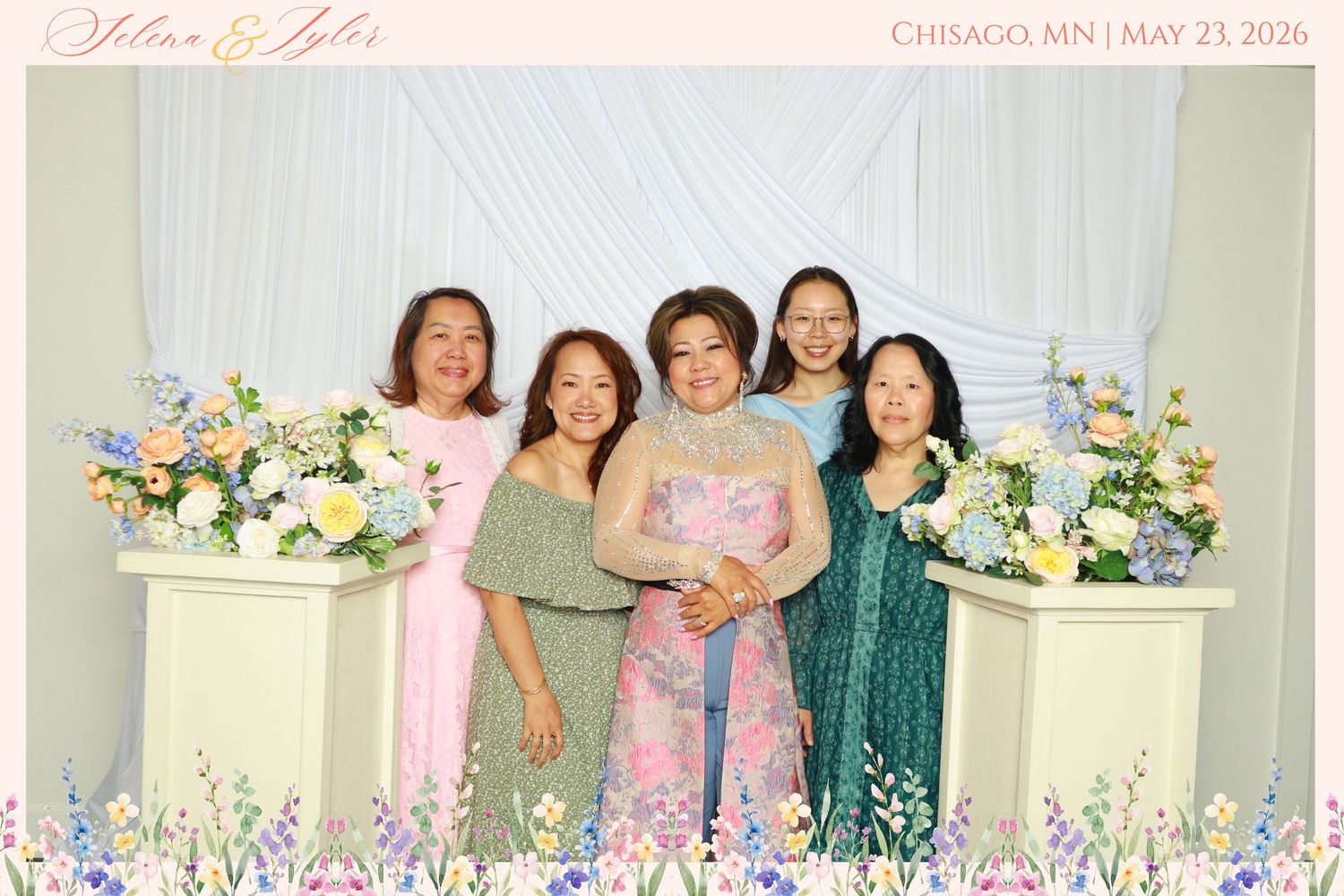 Five women smile together at Selena and Tyler wedding in Chisago MN on May 23 2026.