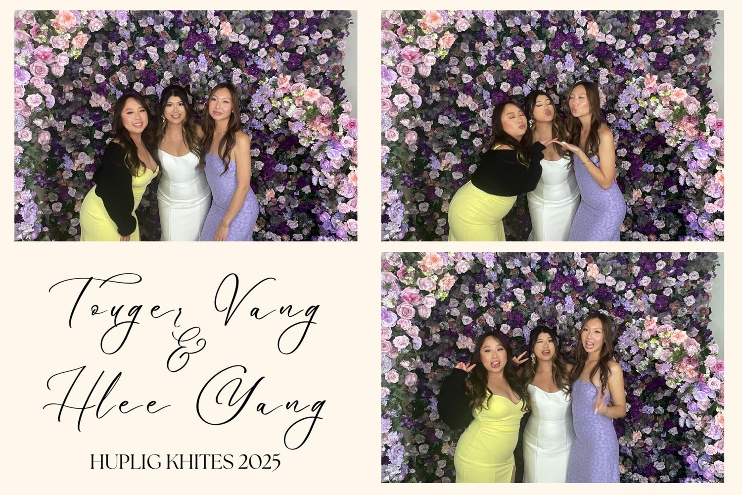 Three women smile together in front of a purple floral arch at Toyer Vang and Hlee Vang Huplig Khites 2025.