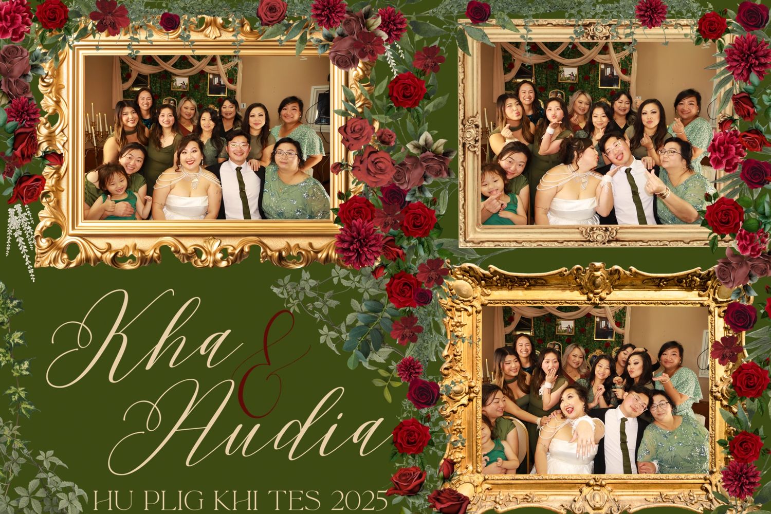 Wedding photo booth strip for Kha and Nudia Hu Plig Khi Tes 2025 featuring group portraits with floral gold frames.