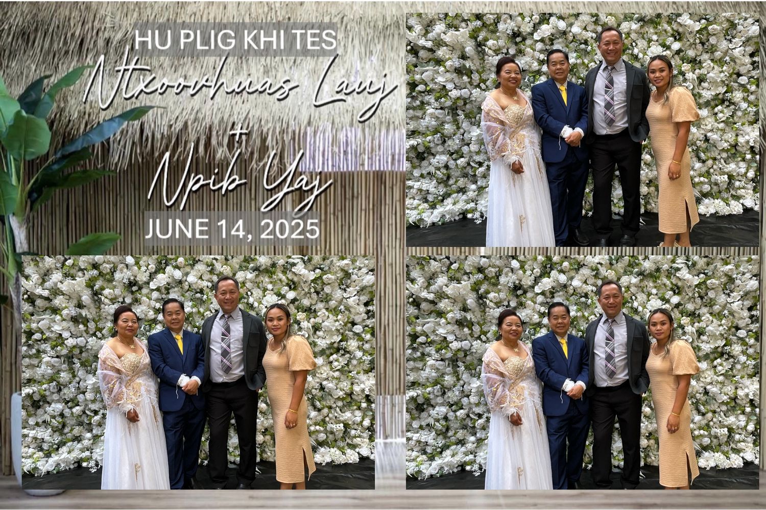 Wedding photo collage from Hu Plig Khi Tesi ceremony of NtxooHaug Lauj and Npib Yaj on June 14, 2025.
