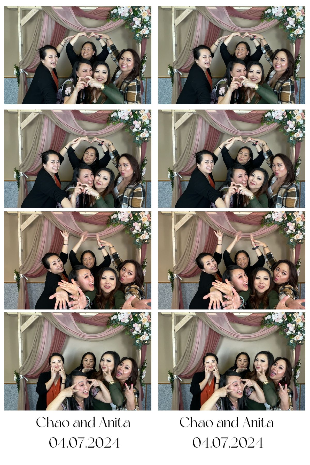Photo booth strip for Chao and Anita 04.07.2024, featuring a group of women making heart shapes with their hands.