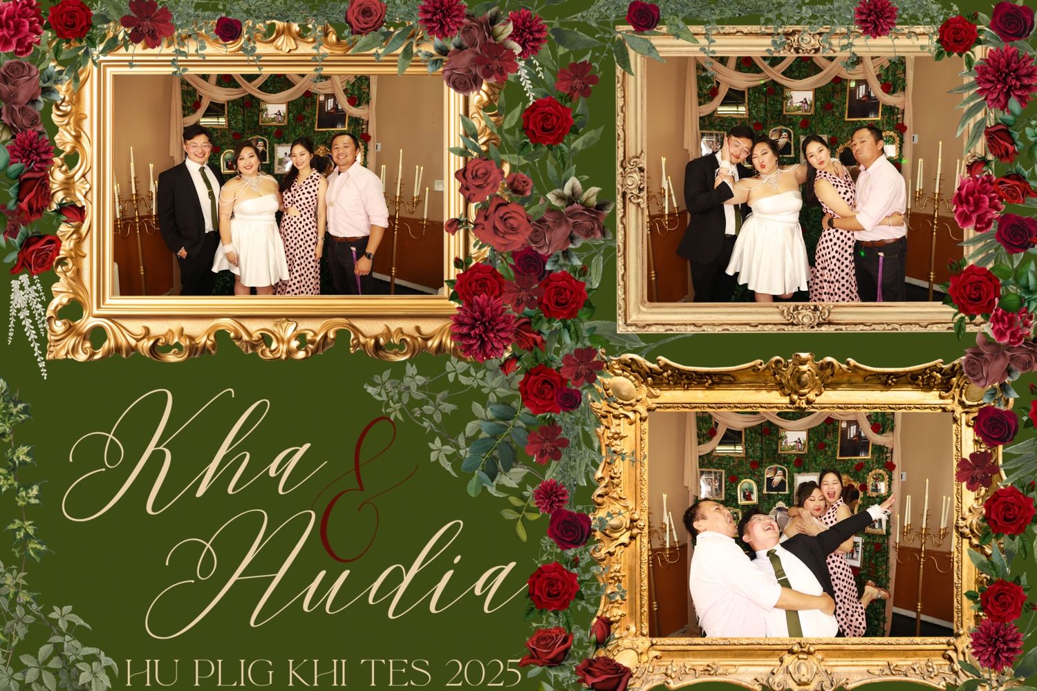 Elegant wedding photo booth strip for Kha and Nudia 2025 showing couples posing in gold ornate frames with roses.