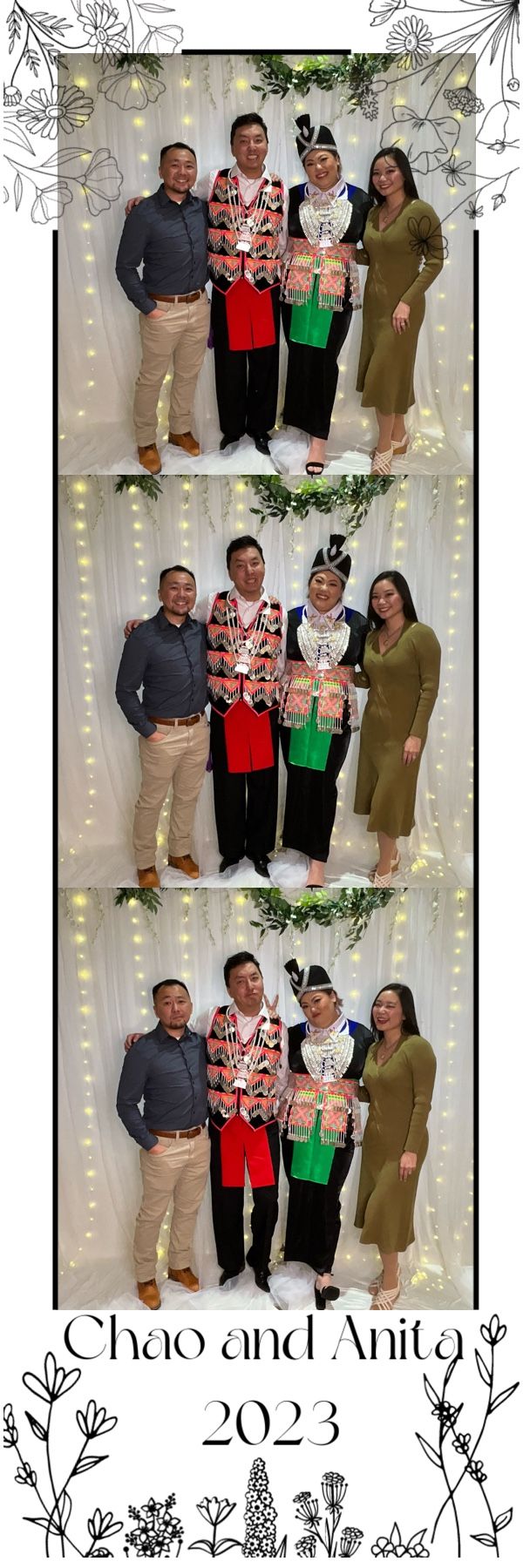 Two couples pose in traditional Hmong attire and formal wear in wedding photo booth strip.