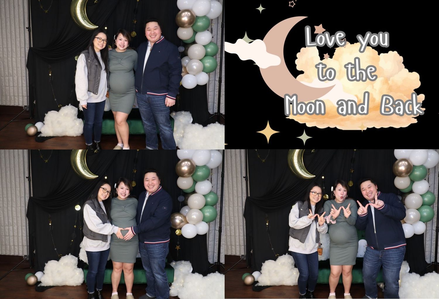 Couples pose in front of moon and balloon backdrop at a Love You to the Moon and Back themed photo booth event.