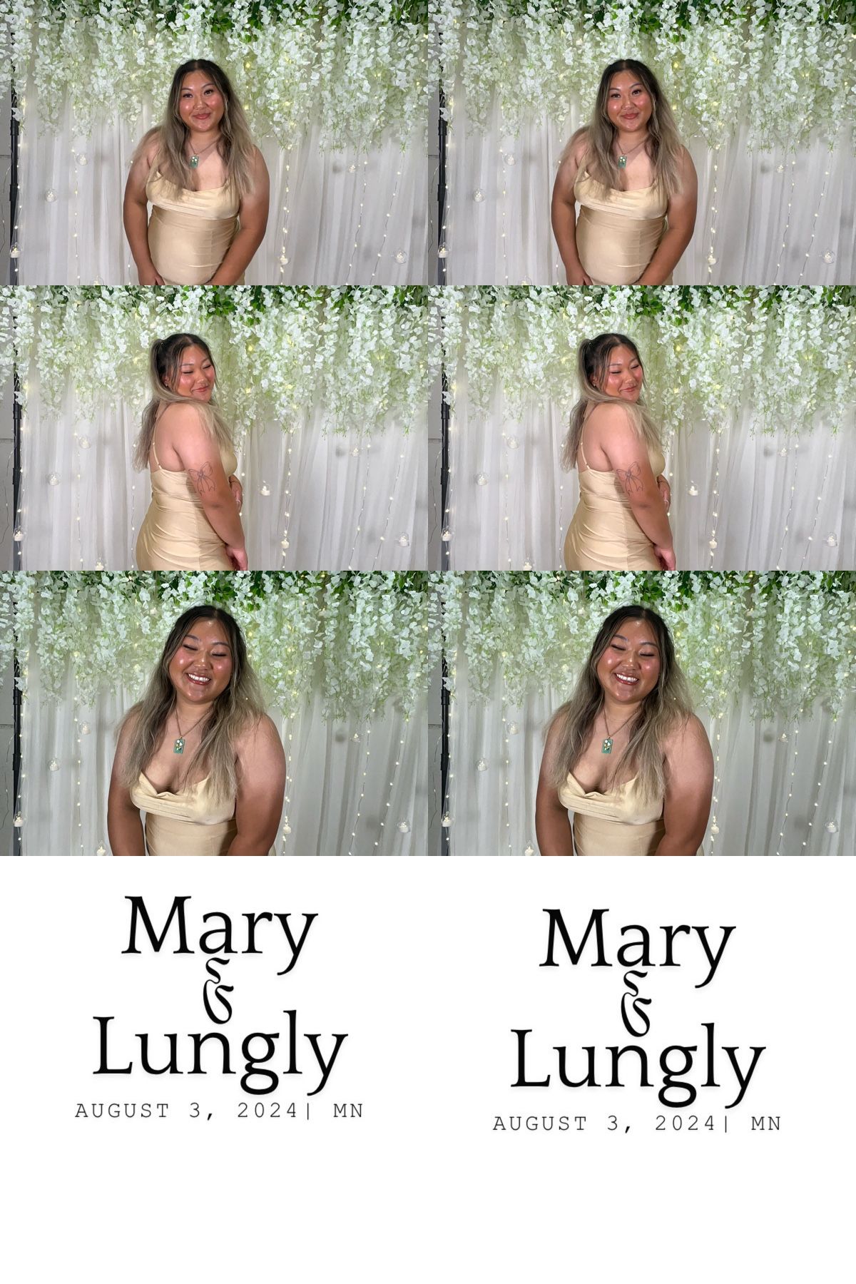 Woman poses in four photo strip frames at Mary and Lungly's August 3, 2024 Minnesota wedding.