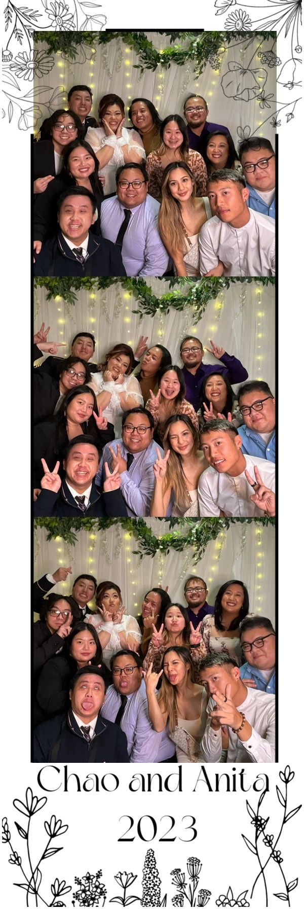 Wedding photo booth strip for Chao and Anita 2023, showing a large group of guests posing and making peace signs.