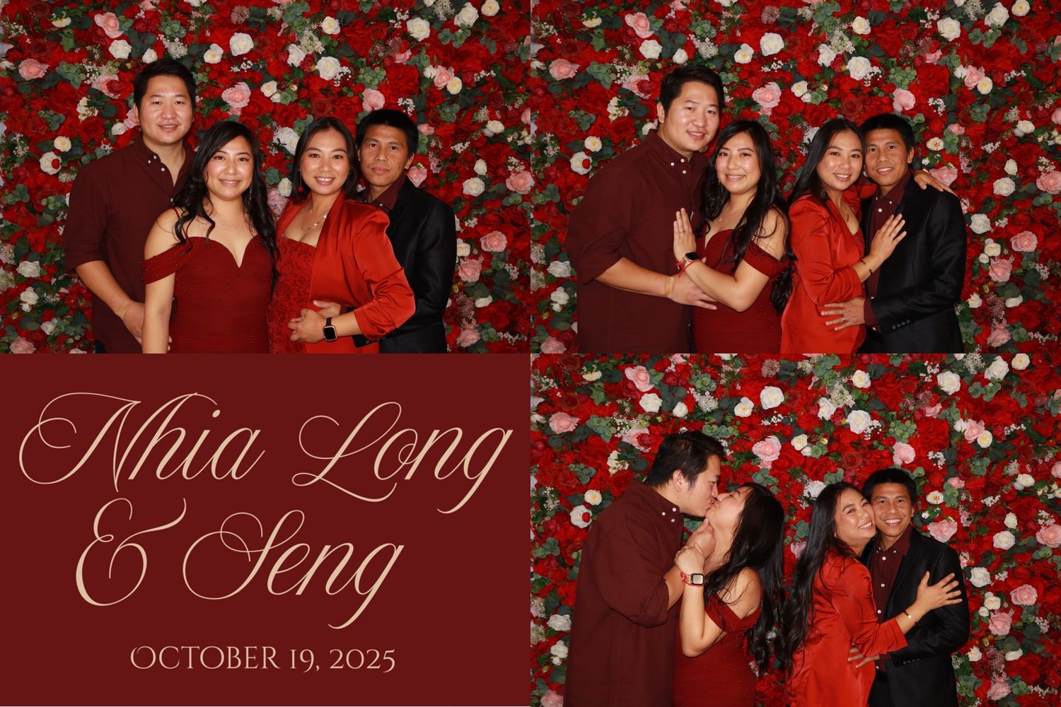 Wedding photo booth strip of guests posing in front of red and white floral wall at Nhia Long and Seng wedding.