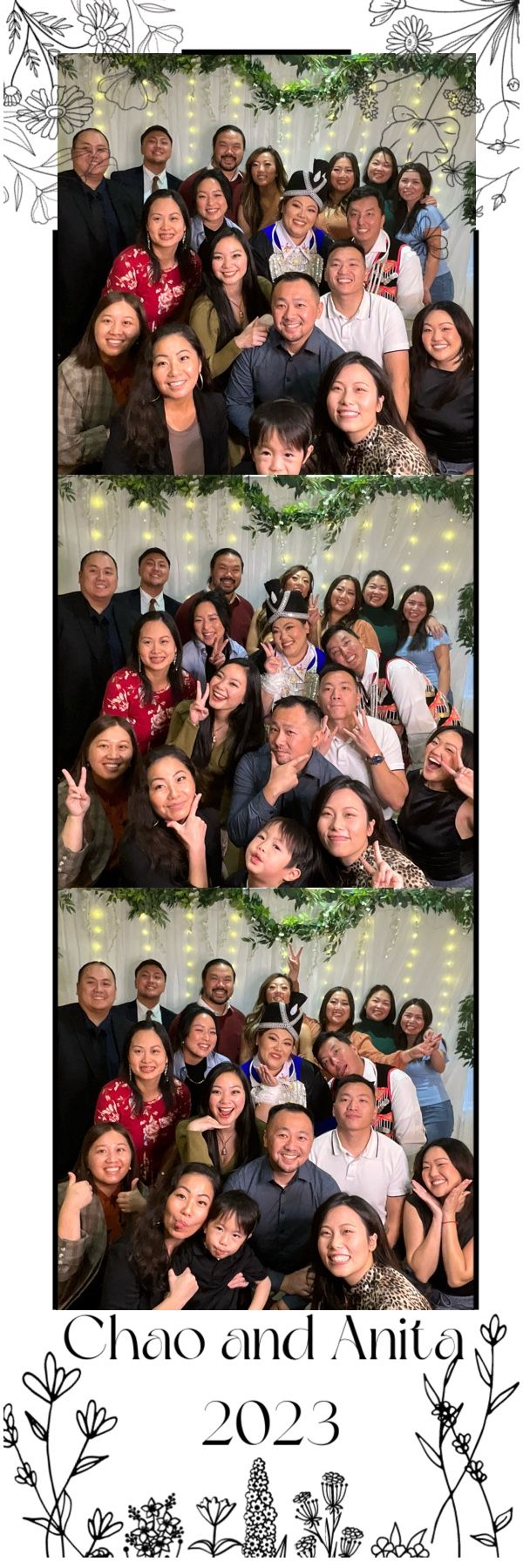 Large group of smiling wedding guests make fun poses in photo booth strip at reception.