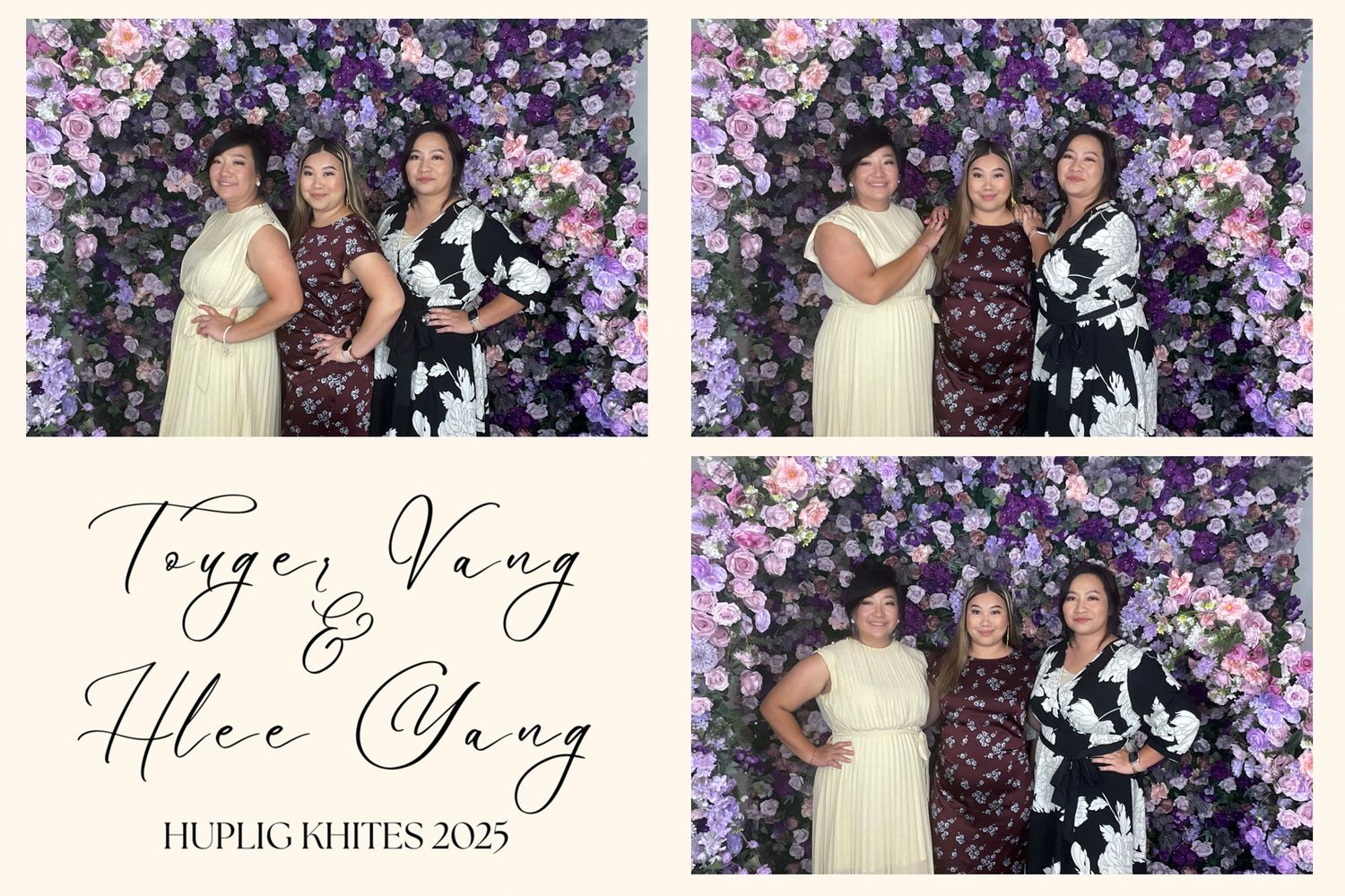 Four women pose in front of a floral wall backdrop at Toyer Vang and Hlee Vang's 2023 Huplig Khites wedding.
