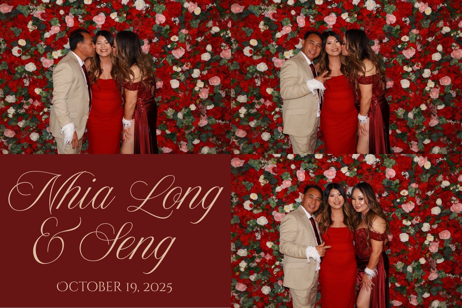 Photo booth strip from Nhia Long and Seng's wedding on October 19 2025 with red and white floral wall backdrop.