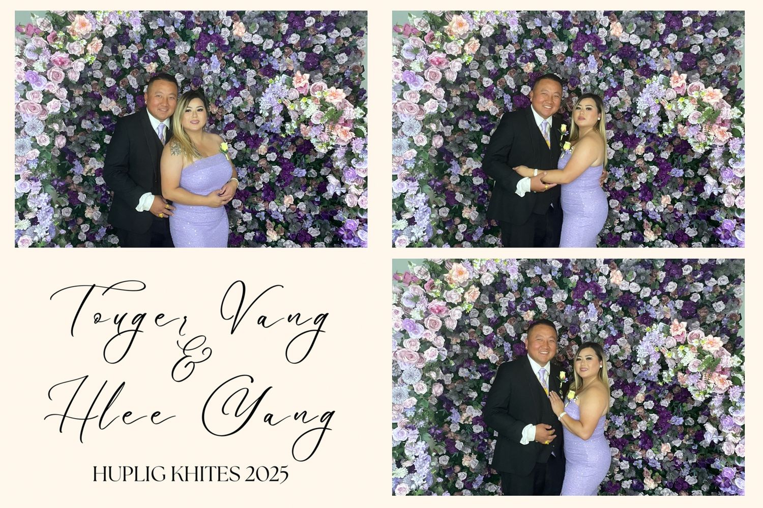 Couple poses in front of a purple floral wall at Toyer Vang and Hlee Vang wedding photo booth 2023.