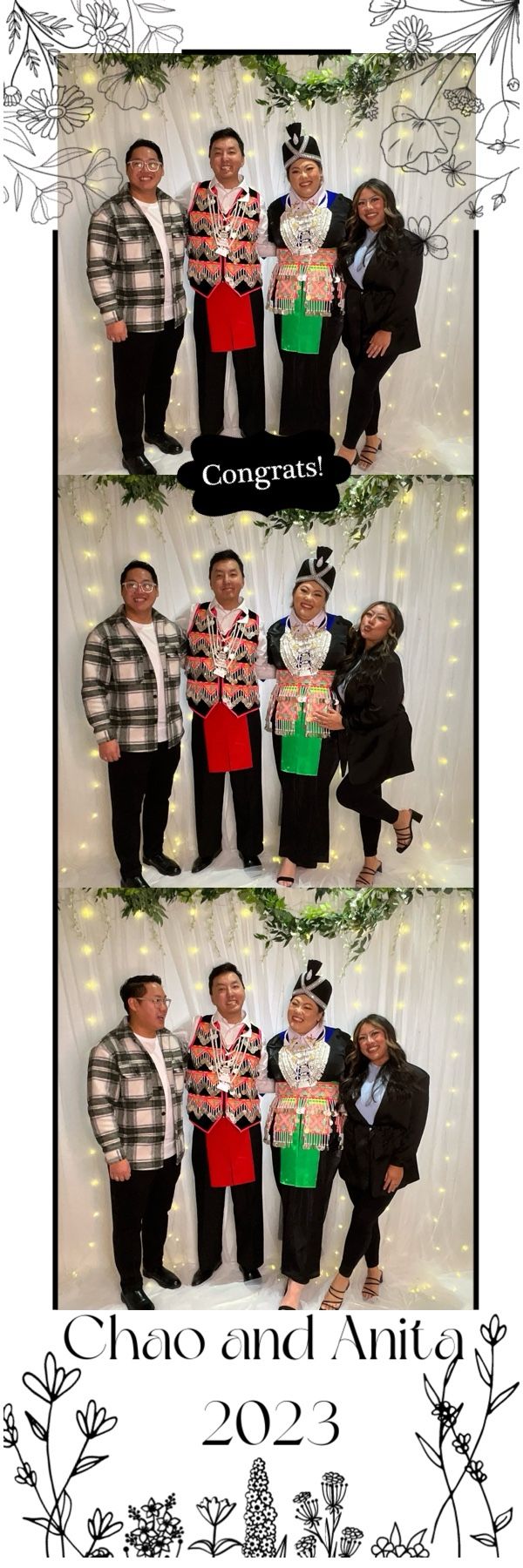 Four guests pose in photo booth strip with Congrats overlay at Chao and Anita 2023 wedding.