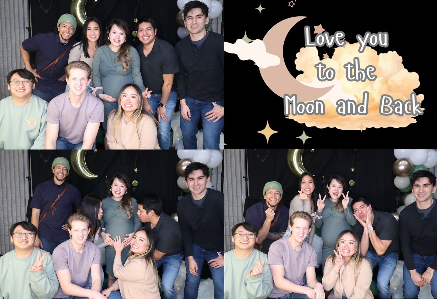 A group of friends posing for fun photo booth pictures with a moon and stars backdrop and a love quote overlay.