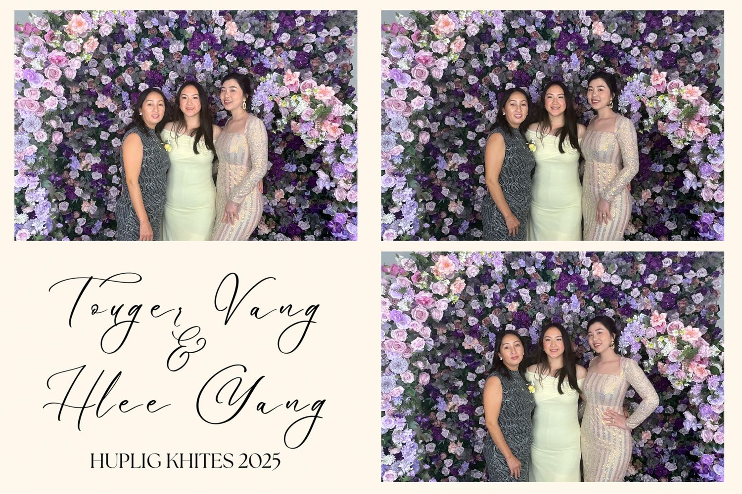 Three women pose together in front of a purple and pink floral wall at Toyer Vang and Hlee Vang wedding 2023.