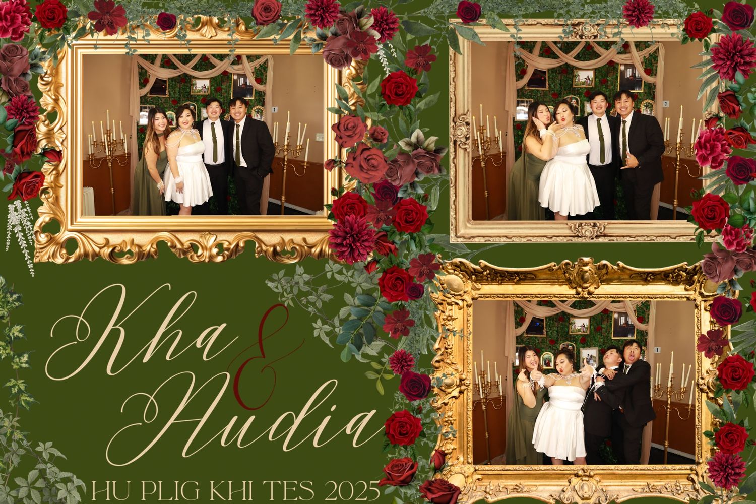 Wedding photo booth strip for Kha and Nudia's Hmong traditional ceremony Hu Plig Khi Tes 2025 with floral gold frames.