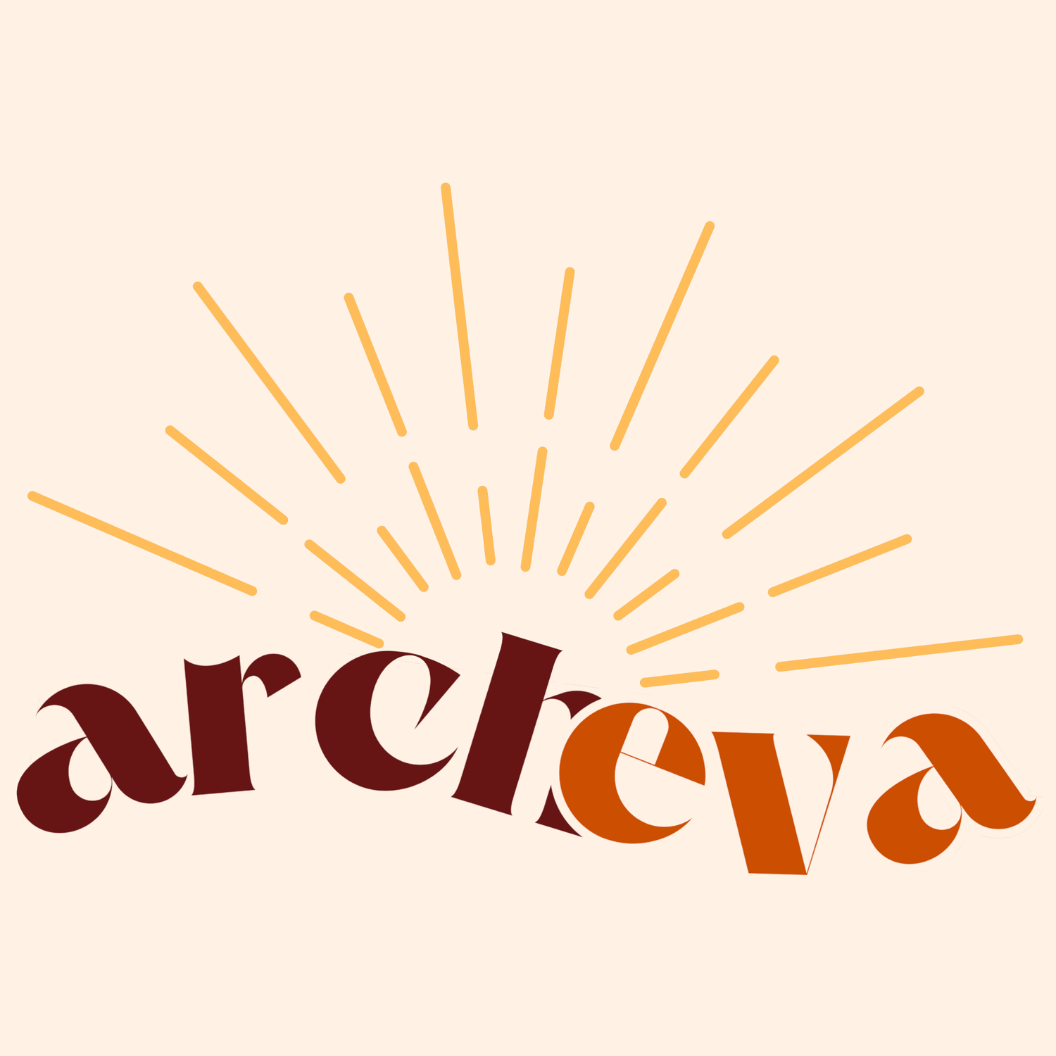 Archeva brand logo with retro typography in dark red and orange, featuring a sunburst design on a cream background.