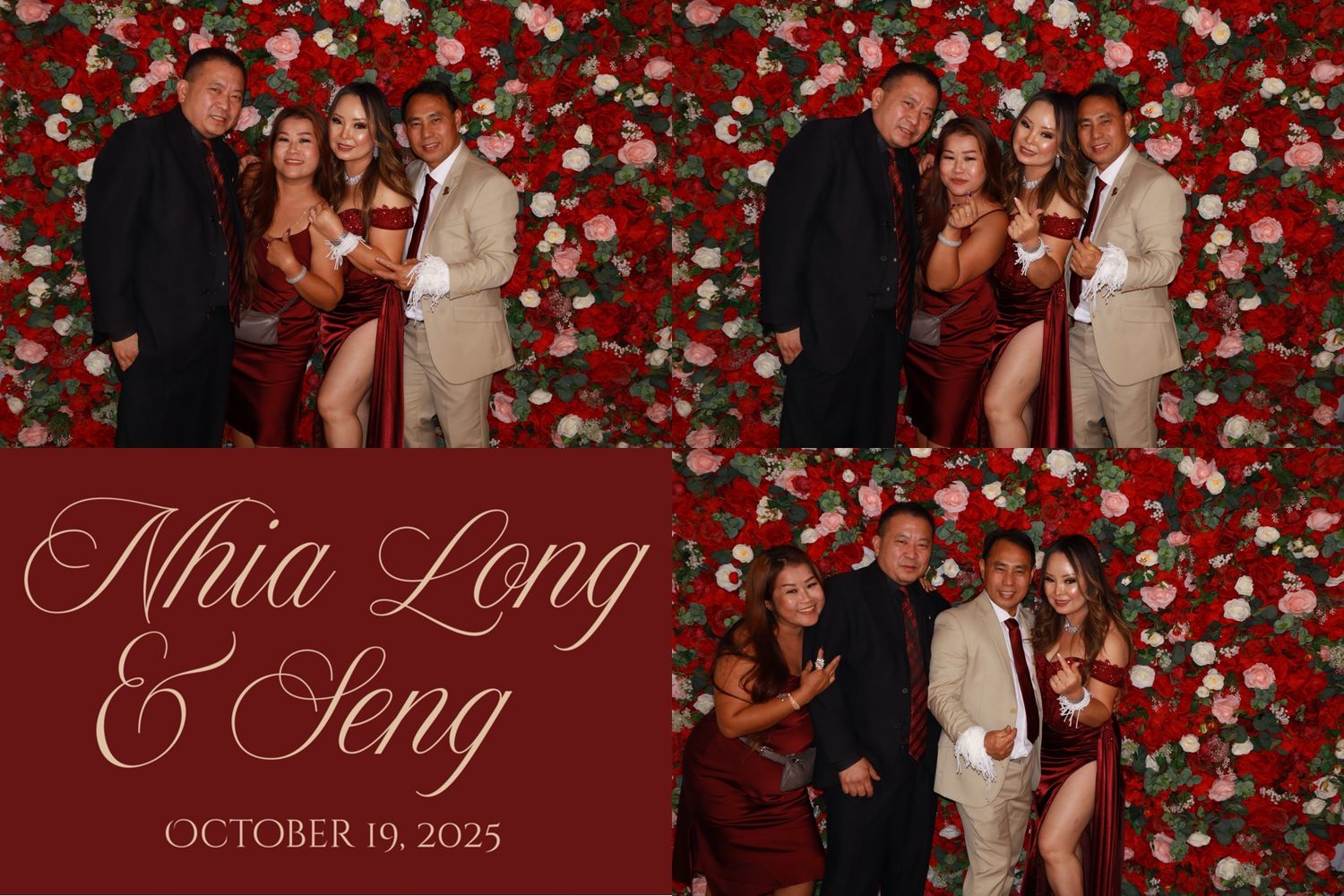 Group of four poses twice against a red floral wall at Nhia Long and Seng's October 19, 2025 wedding.