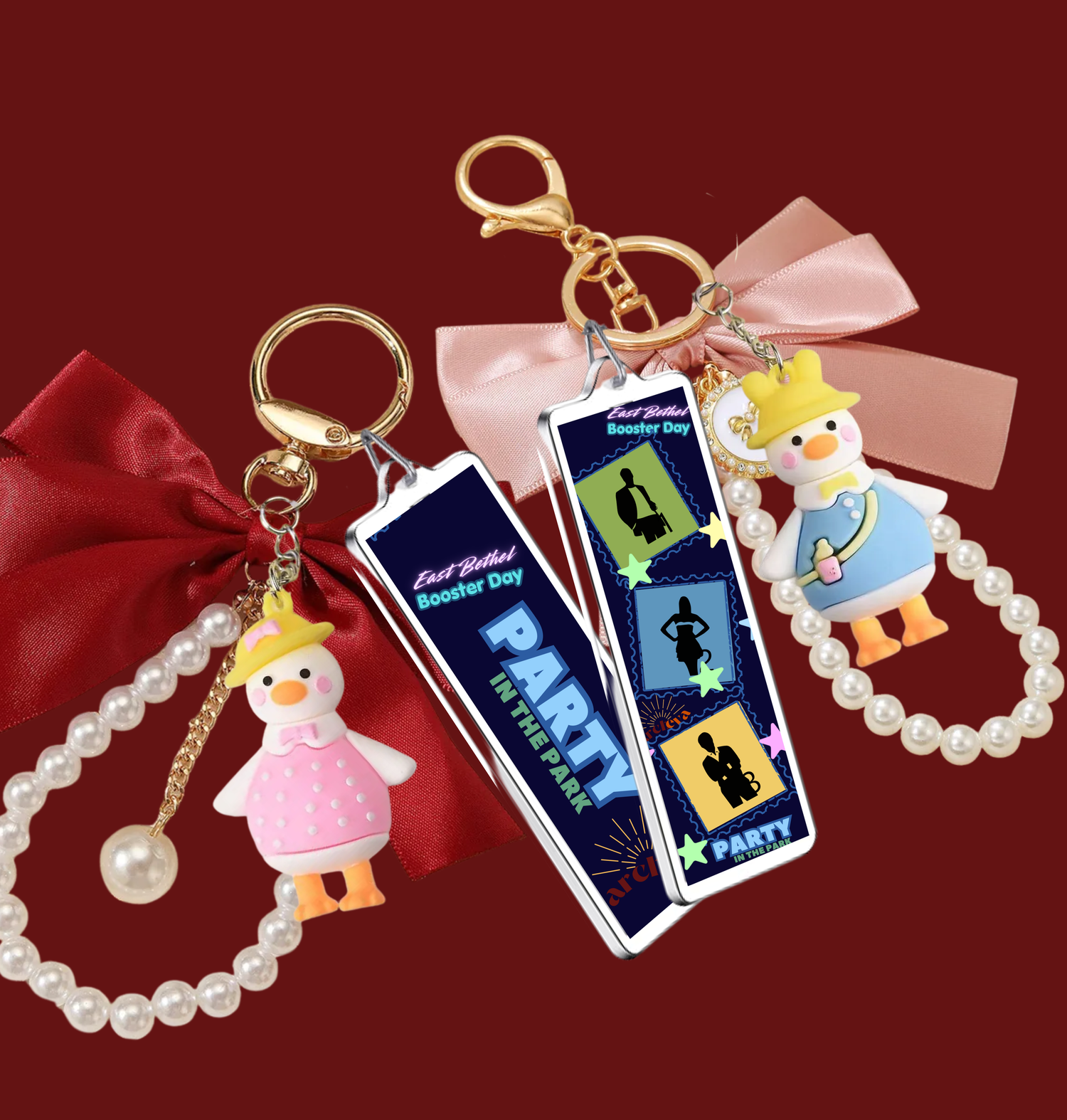 Cute duck keychains with pearl bracelets, pink bows, and colorful party-themed acrylic tags on red background.
