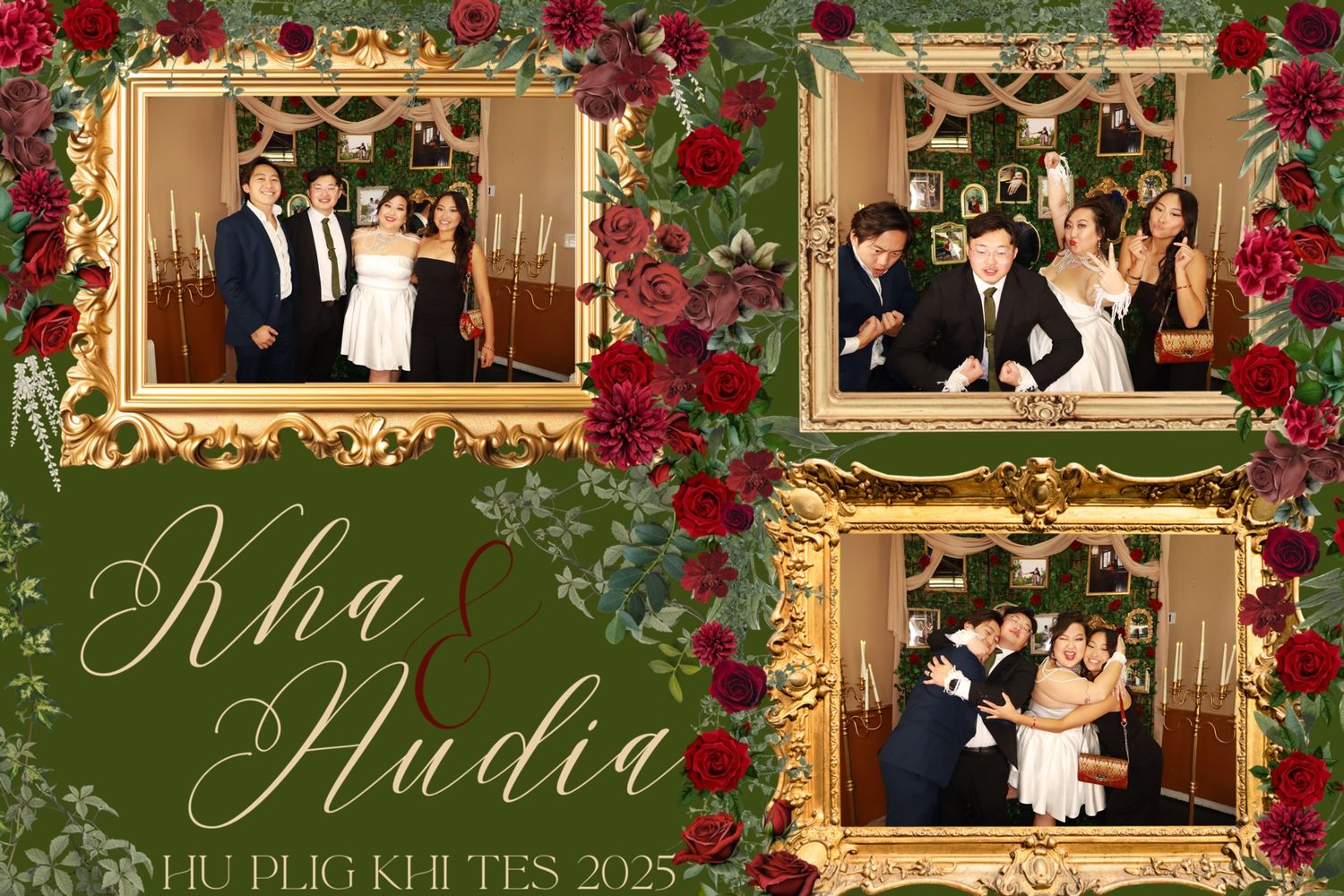 Three wedding photo strips of Kha & Nudia Hu Plig Khi Tes 2025 with red roses and gold frame design.